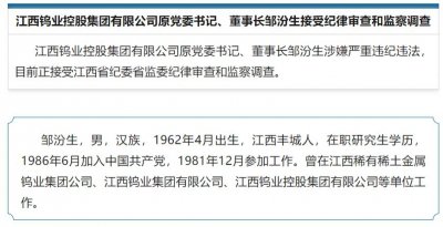 ​江西钨业控股集团有限公司原党委书记、董事长邹汾生被查！